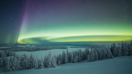 Dancing auroral band brightening over snowy ridge after solar wind surge, with purple curtain - Powered by Adobe