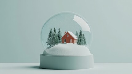 Winter snow globe with a red house, pine trees, and falling snow on a clean light blue background.