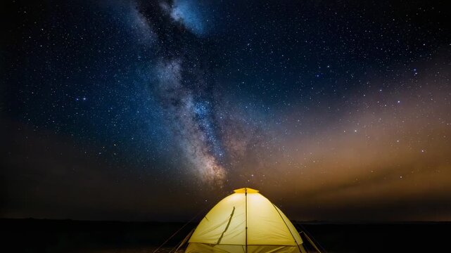 Starting timelapse cam capturing glowing tent with poles at remote site, capturing Milky Way above