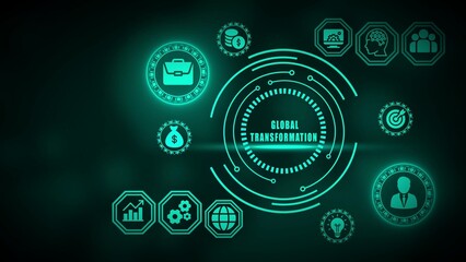 Digital global transformation concept with business icons and glowing circles technology finance