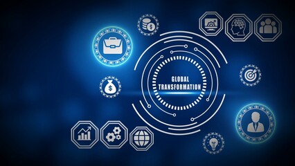 Digital global transformation concept with icons for business finance technology and people on blue background