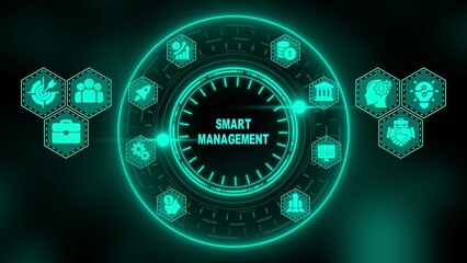 Digital interface with glowing neon teal icons and text smart management on dark background technology