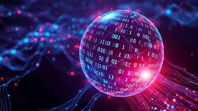 Abstract Futuristic Technology Concept of Digital Binary Code of Ball and Data Stream. 4k video
