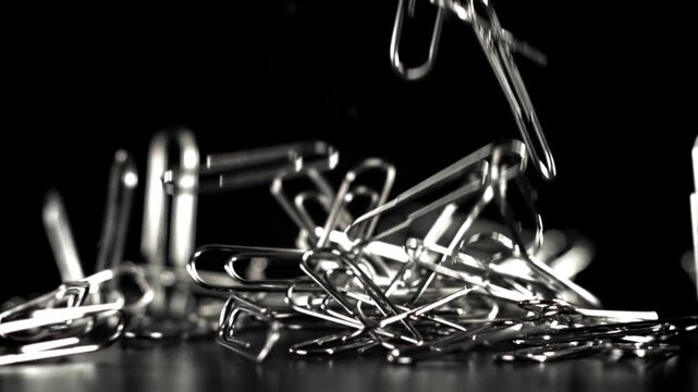 Paperclips fall on a black background. Filmed on a high-speed camera at 1000 fps. High quality FullHD footage