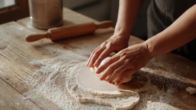 Placing round cutter, aproned hands pressing on floured counter in kitchen cutting dough for baking