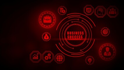 Red neon business success icons and text on dark background image