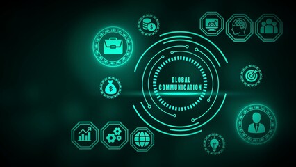 Teal digital interface with global communication concept and business icons technology network