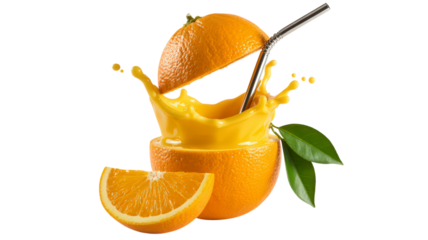 Orange Juice Splash with Fruit and Straw Isolated on Transparent Backdrop Symbolizing Freshness and Natural Drink Promoting Health and Wellness in Beverage Concept