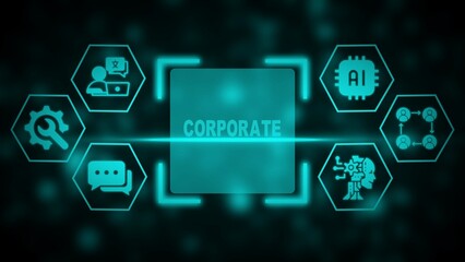 Corporate technology concept with A I and communication icons in teal artificial intelligence
