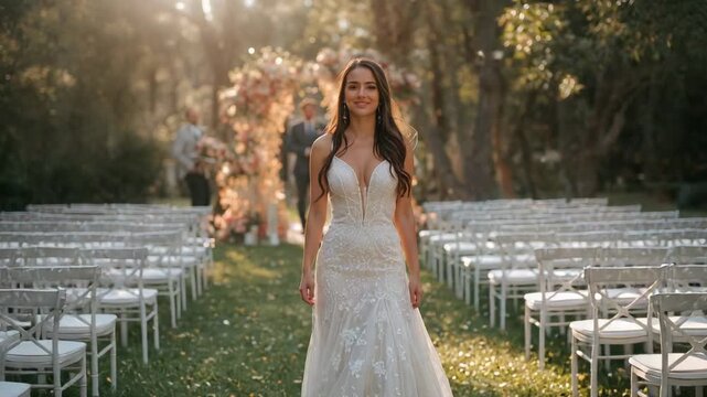 Walking bride in white lace gown train down grass aisle to partner, ceremony starting, floral arch