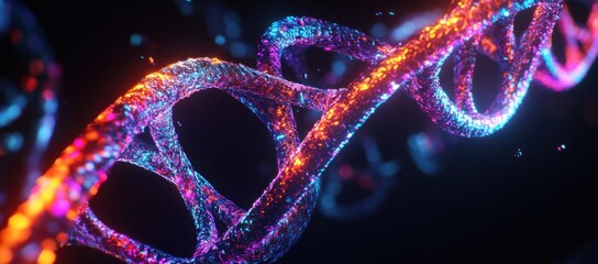 Abstract Close-up of Vibrant Glowing DNA Double Helix Structure with Colorful Neon Particles Representing Genetics and Biotechnology