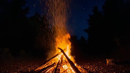 Burning campfire of stacked logs flaring and sending embers and smoke into starry forest clearing - Powered by Adobe