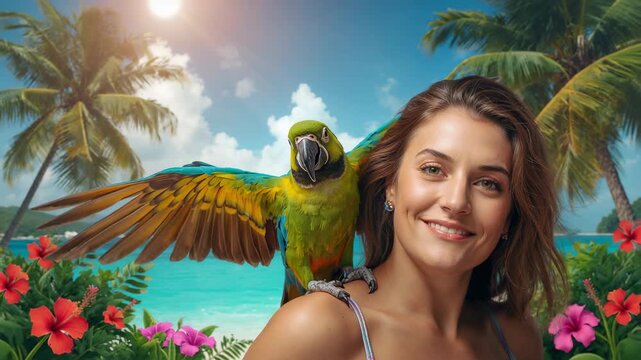 Recording woman wearing swimsuit top with parrot posing at beach, stretching wing, showing feathers