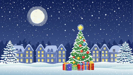 Fototapeta premium Christmas night scene with a christmas tree presents houses moon and snow covered ground under a starry sky