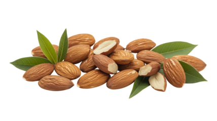Pile of Fresh Almonds with Green Leaves Isolated on Checkered Background Perfect for Nutritious Snacks Healthy Food Ingredients or Natural Food Themed Designs and Promoting Wellbeing