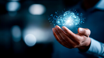 Professional holding AI cloud computing icon with data network visualization artificial intelligence infrastructure storage and processing system innovative technology platform