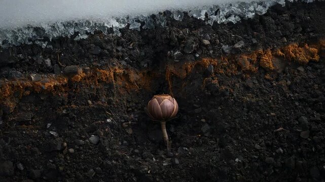 Opening single closed flower bud slightly unfurling at frozen soil profile, from thin ice melt