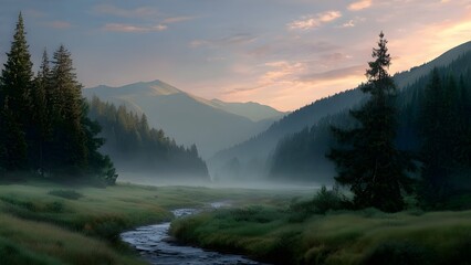 A serene mountain valley at sunrise, with soft mist rising above pine forests and a clear river winding through the meadow