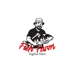 Fish Farm Logo with Fisherman Holding Fish