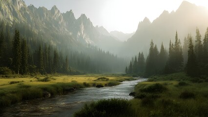 A serene mountain valley at sunrise, with soft mist rising above pine forests and a clear river winding through the meadow