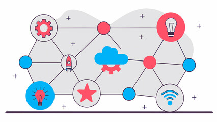 large interconnected ecosystem of tech symbols: gears, chips, rockets, bulbs, clouds, analytics, wireless; clean modern line-art map
