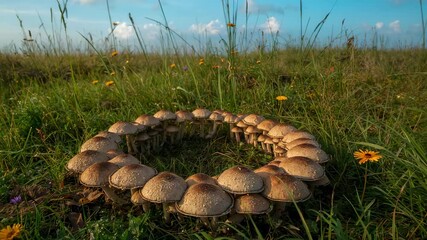 Moving camera slowly revealing mushroom ring in meadow, with yellow daisy and purple blossom - Powered by Adobe