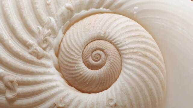 Moving cam filming offwhite spiral shell in macro studio showing ridged lines and sand in grooves