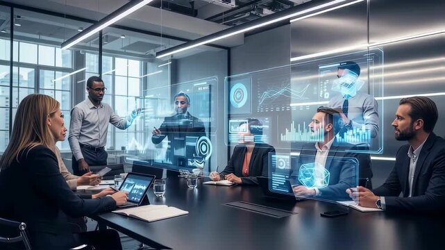 Diverse business professionals analyze data on interactive holographic displays in a modern meeting room