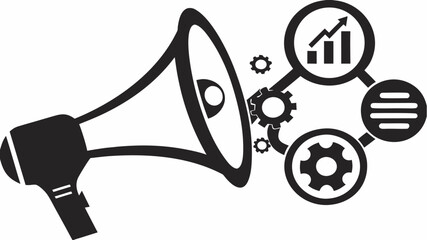Megaphone connected to gears and charts representing marketing and business strategies analysis process