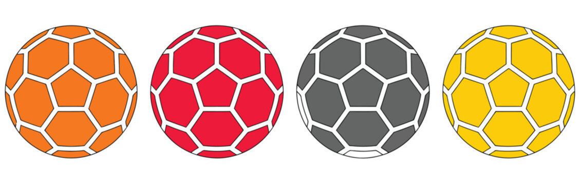 Group of coloured handball sport icons, vector illustration featuring various handball poses and equipment, perfect for sports design, athletic apps, team graphics, event posters, educational material