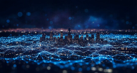 Futuristic cityscape at night with a glowing blue digital network overlay, representing smart city technology and global connectivity.