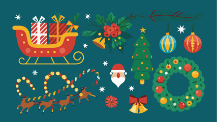 Festive christmas illustration with santa sleigh reindeer tree and ornaments on a teal background