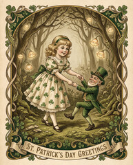 Fototapeta premium Vintage St. Patrick's Day greeting card. A little girl in a shamrock dress dances with a leprechaun in an enchanted forest. Retro fairytale illustration.