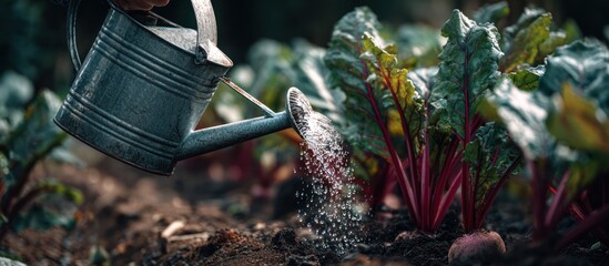 Watering beetroot plants in a garden