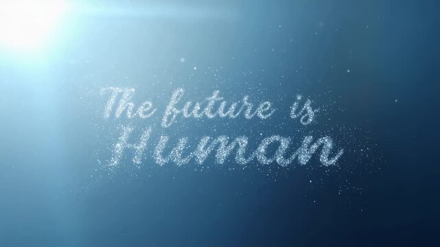 Flare sparking particles clustering, forming cursive reading future human on deep blue gradient
