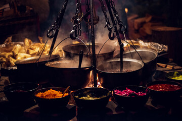 Hot kettles with cooking food on bonfire