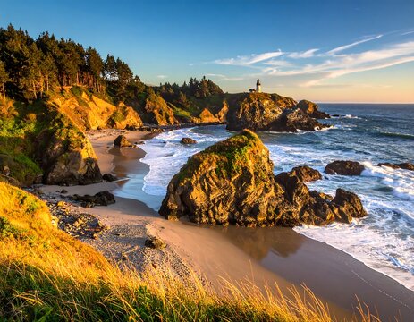 Coastal scene with a lighthouse on a high bluff, sandy beach, and ocean waves under a partly cloudy sky. Golden sunlight casts shadows