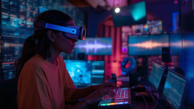 Mixing producer white VR-headset, orange tee, tapping RGB pad, viewing studio monitors, copy space