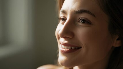 Smiling adult woman beside window, widening smile and blinking as left window light catching face - Powered by Adobe