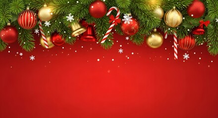 Festive christmas garland with ornaments and candy canes on red background
