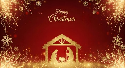 Golden nativity scene with festive sparkles and snowflakes