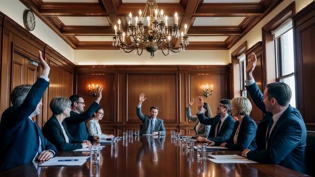 Business Professionals Raise Hands Voting in a Boardroom Meeting