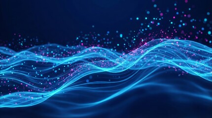 Abstract background featuring vibrant blue and magenta glowing particles floating over smooth, dark blue sine waves, representing data flow and digital technology.