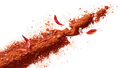 Vibrant Red Chili Powder Explosion with Scattered Pods on Transparent Backdrop Enhancing Flavor and Spice in Culinary Creations and Representing Fiery Sensation