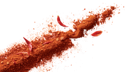 Vibrant Red Chili Powder Explosion with Scattered Pods on Transparent Backdrop Enhancing Flavor and Spice in Culinary Creations and Representing Fiery Sensation