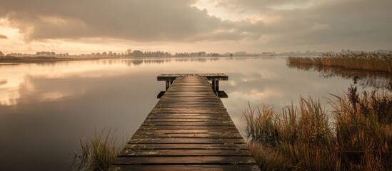 Wooden Pier Reaching Into Calm Lake Under Cloudy Golden Sky