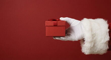 Close-up of Santa Claus's white-gloved hand and signature white fur cuff holding out a small red gift box tied with a bow against a solid red background.
