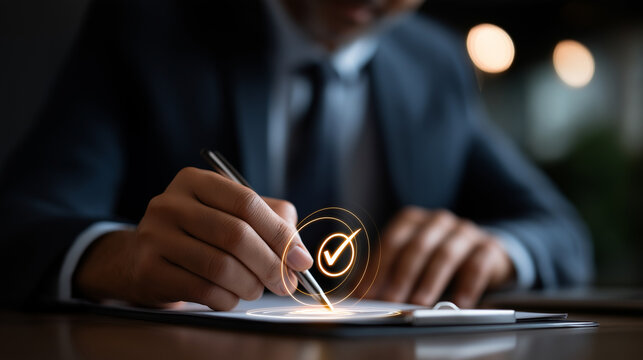 Business professional verifying quality assurance compliance on virtual interface ISO certification management guarantee service standards audit process visualization product