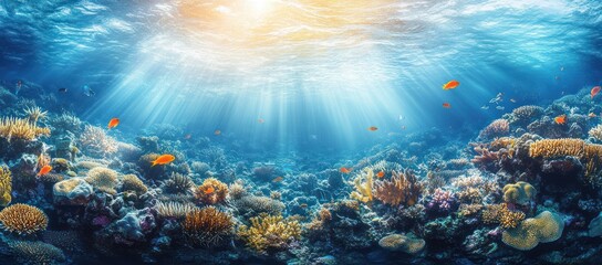 Fototapeta premium Vibrant underwater coral reef teeming with tropical fish and sunbeams piercing clear blue ocean water