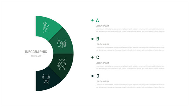 Modern 4-step circular infographic with minimal line icons: rocket, team, brain, trophy. Trendy green gradient design ideal for business presentations and workflow visuals.